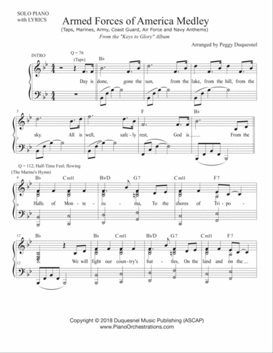 Armed Forces of America Medley (Solo Piano-Bb with Lyrics) Piano, Vocal, Guitar scores gallery preview page 1