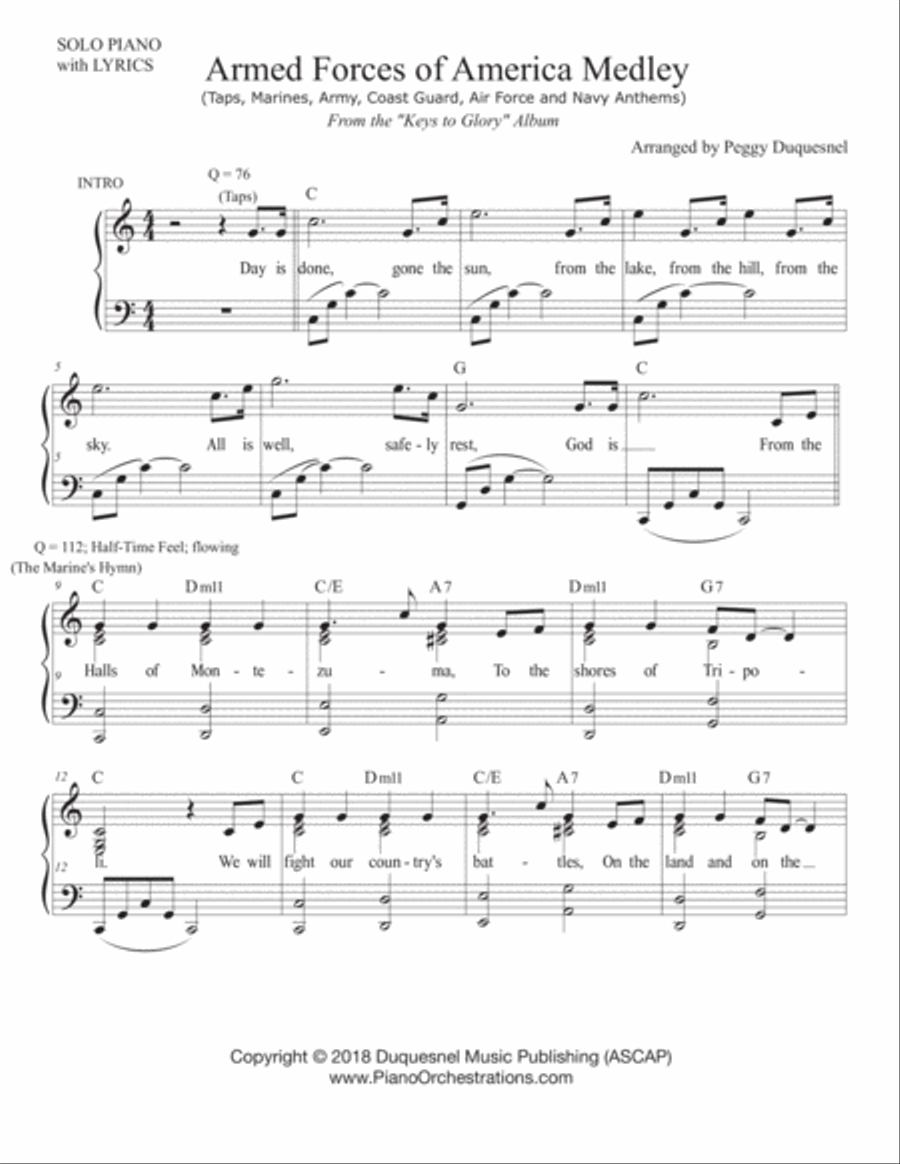 Armed Forces of America Medley (Solo Piano-C with Lyrics) Piano, Vocal, Guitar scores gallery preview page 1