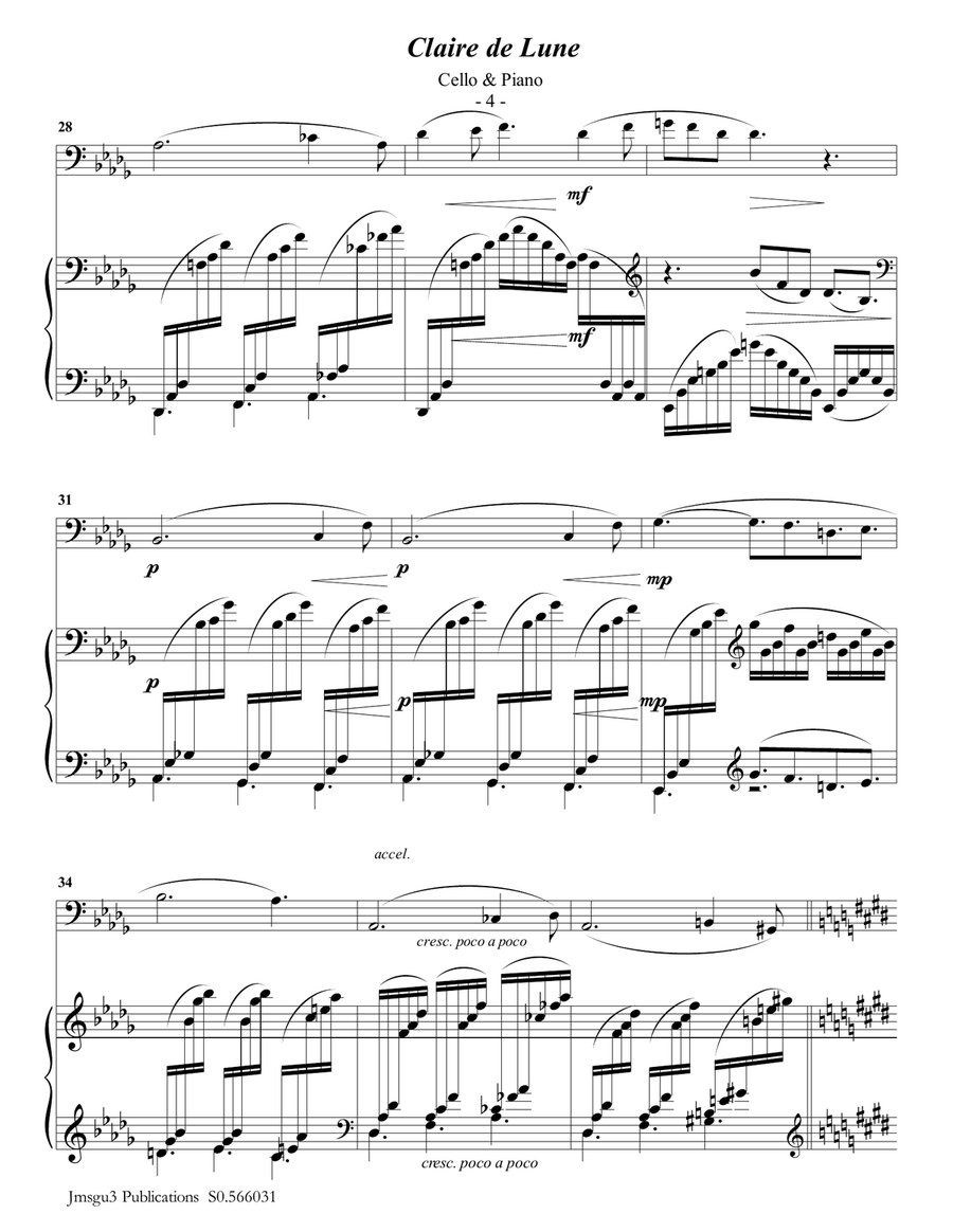 Debussy: Claire de Lune for Cello & Piano Piano scores gallery preview page 4