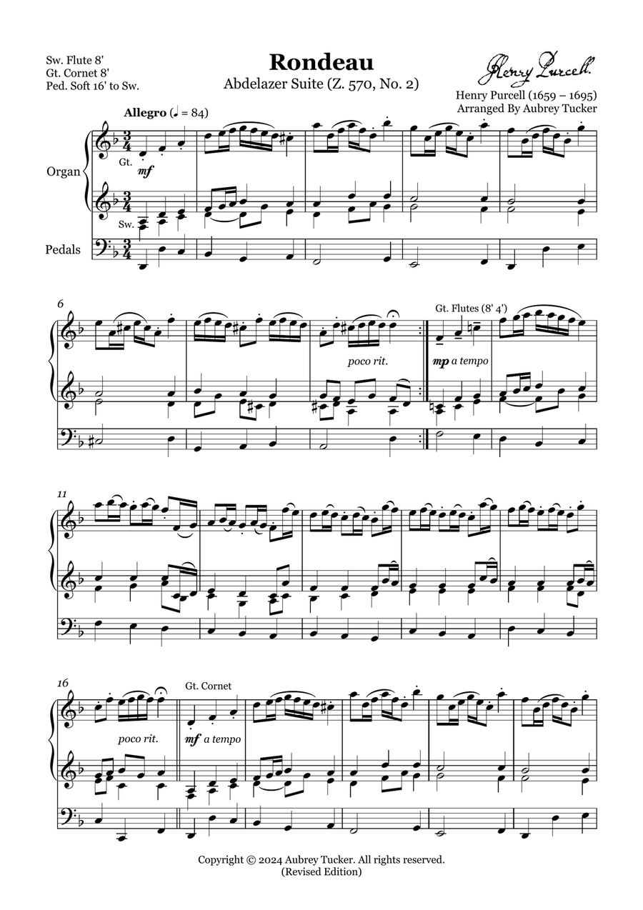 Organ: Rondeau from Abdelazer Suite (Z. 570, No. 2) - Henry Purcell Organ Solo scores gallery preview page 2