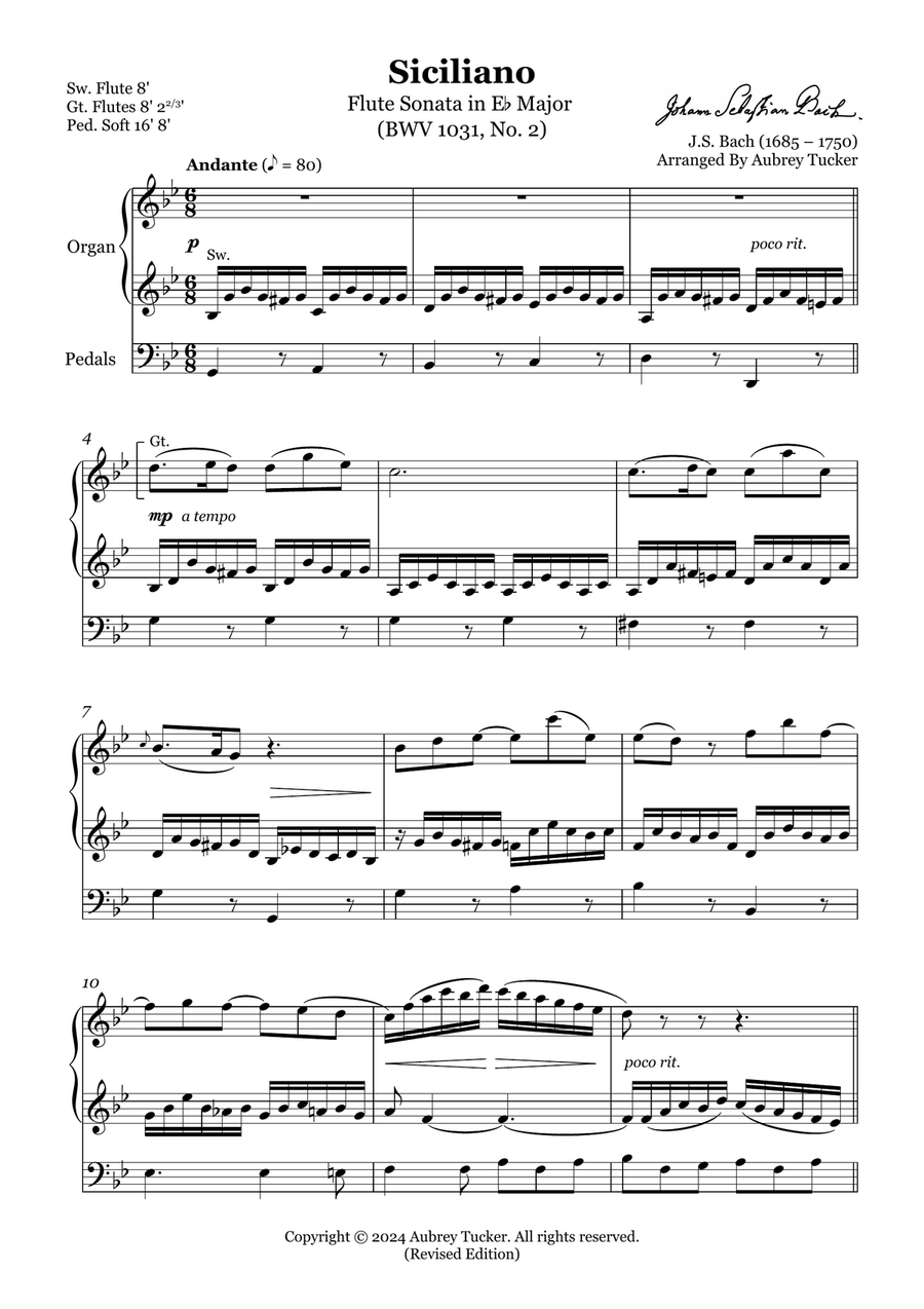 Organ: Siciliano from Flute Sonata in Eb Major (BWV 1031, No. 2) - J.S. Bach Flute scores gallery preview page 2