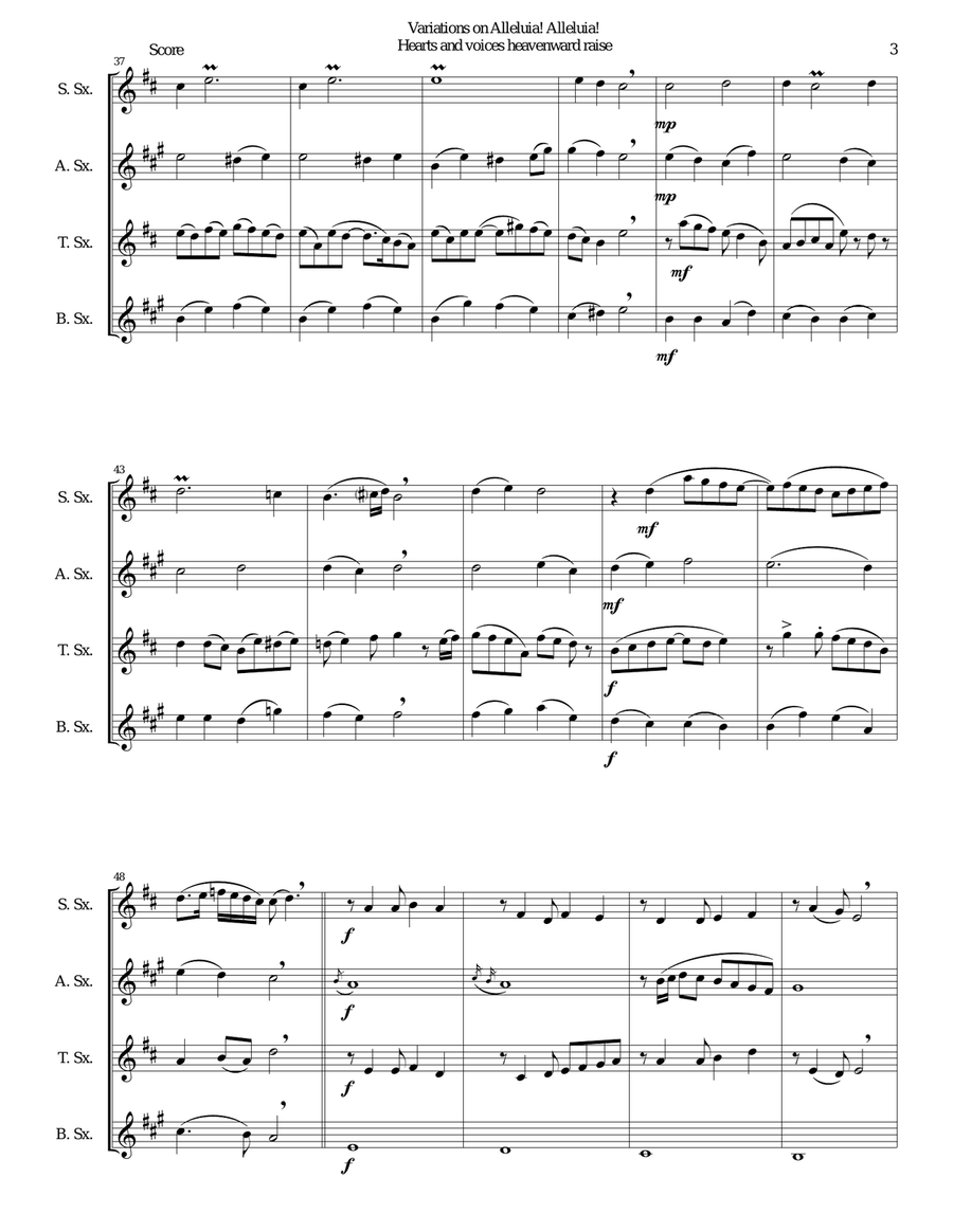 Variations on Alleluia! Alleluia! Hearts and voices heavenward raise for saxophone quartet Saxophone Quartet scores gallery preview page 3