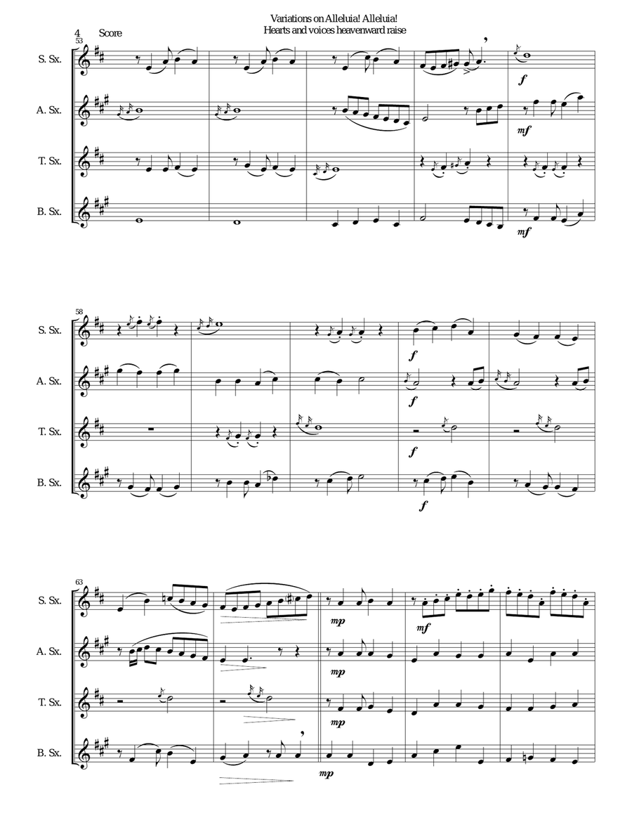 Variations on Alleluia! Alleluia! Hearts and voices heavenward raise for saxophone quartet Saxophone Quartet scores gallery preview page 4
