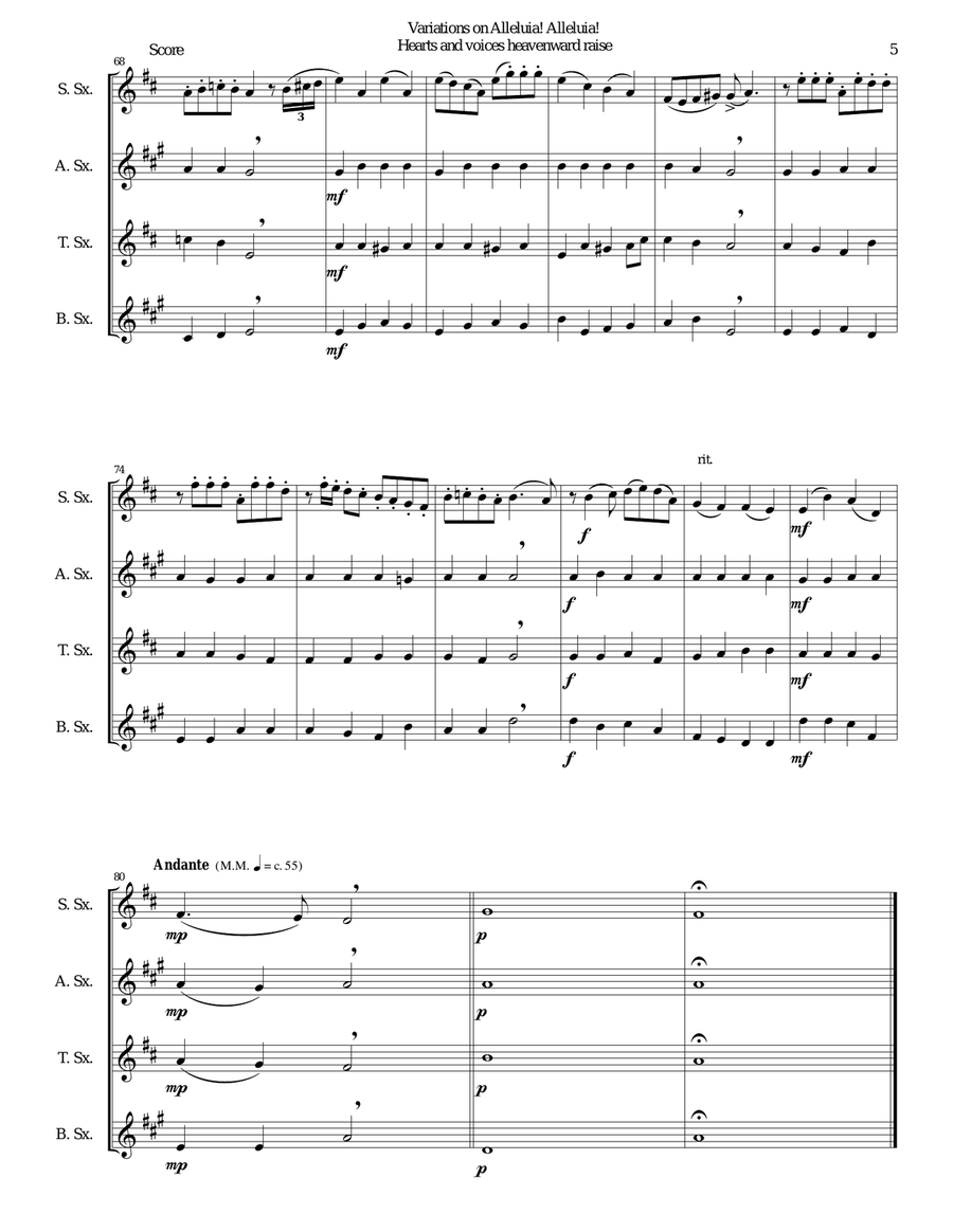 Variations on Alleluia! Alleluia! Hearts and voices heavenward raise for saxophone quartet Saxophone Quartet scores gallery preview page 5