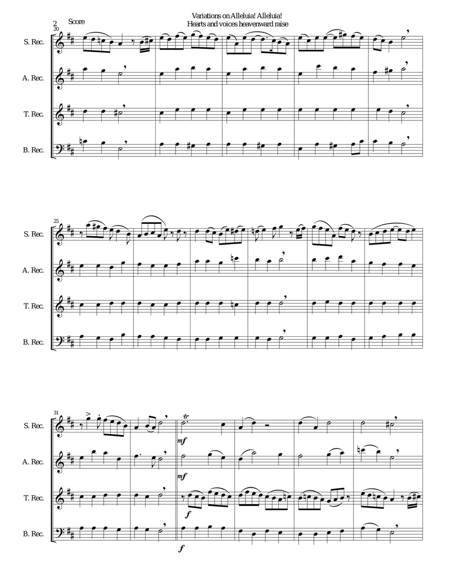 Variations on Alleluia! Alleluia! Hearts and voices heavenward raise for recorder quartet Soprano Recorder scores gallery preview page 2