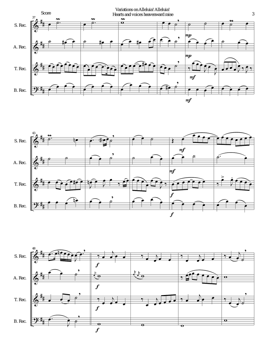 Variations on Alleluia! Alleluia! Hearts and voices heavenward raise for recorder quartet Soprano Recorder scores gallery preview page 3