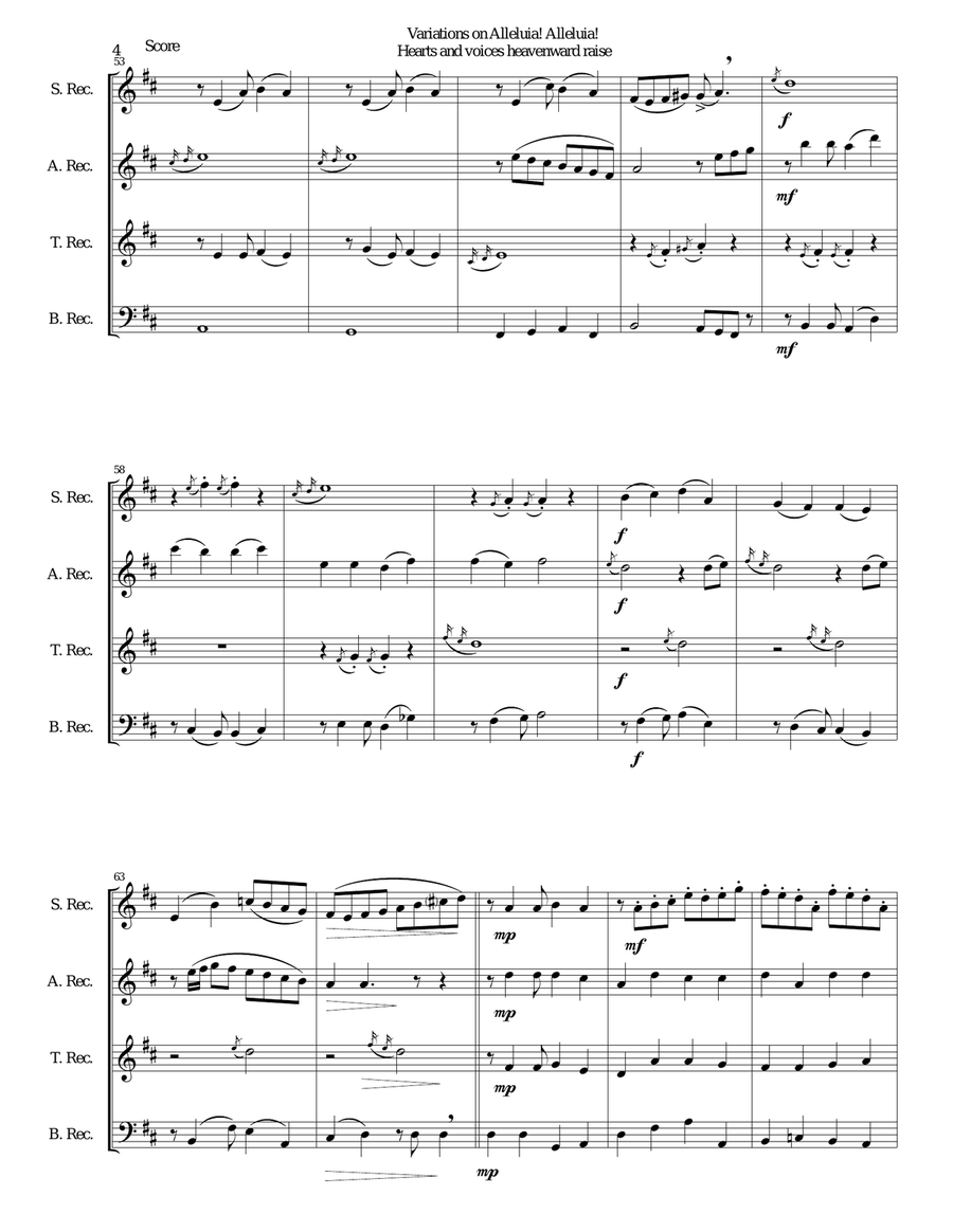 Variations on Alleluia! Alleluia! Hearts and voices heavenward raise for recorder quartet Soprano Recorder scores gallery preview page 4