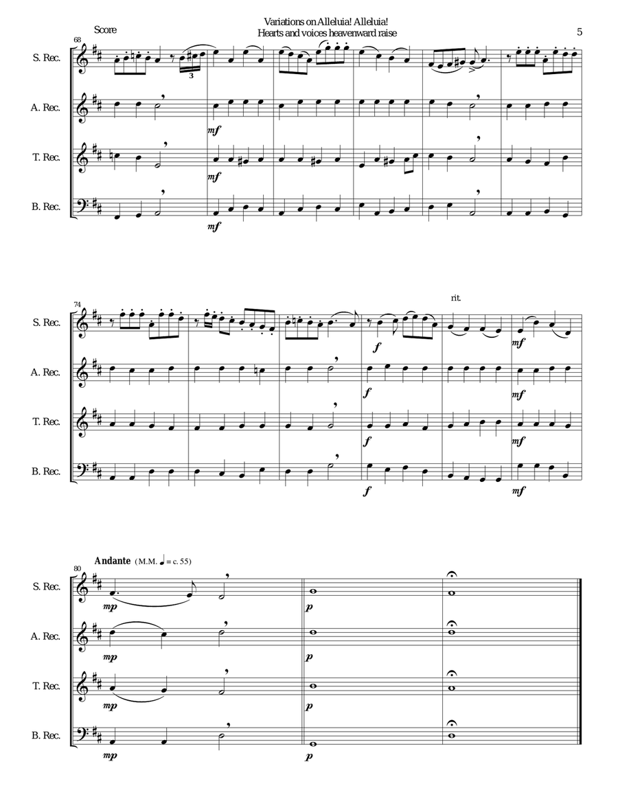 Variations on Alleluia! Alleluia! Hearts and voices heavenward raise for recorder quartet Soprano Recorder scores gallery preview page 5