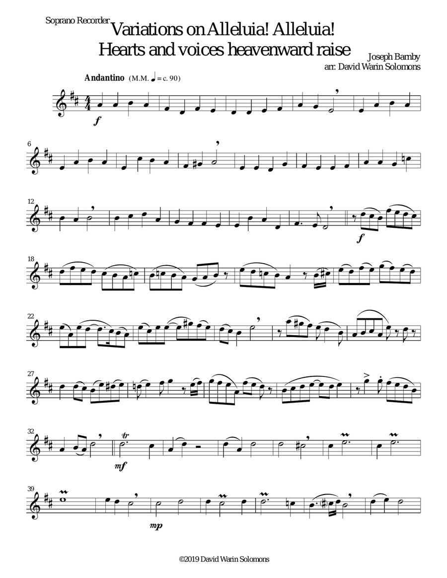 Variations on Alleluia! Alleluia! Hearts and voices heavenward raise for recorder quartet Soprano Recorder scores gallery preview page 6