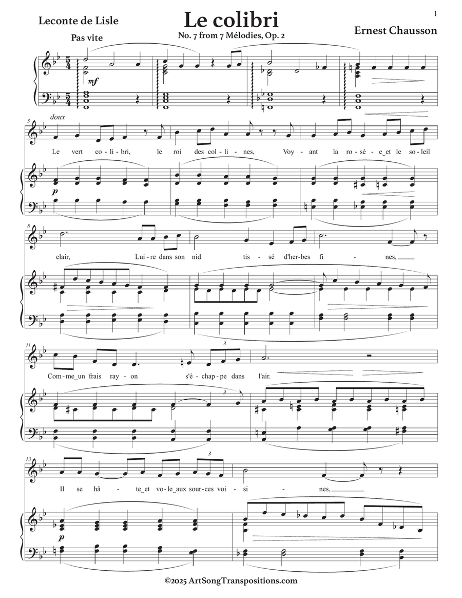 CHAUSSON: Le colibri, Op. 2 no. 7 (transposed to B-flat major) Piano, Vocal scores gallery preview page 2