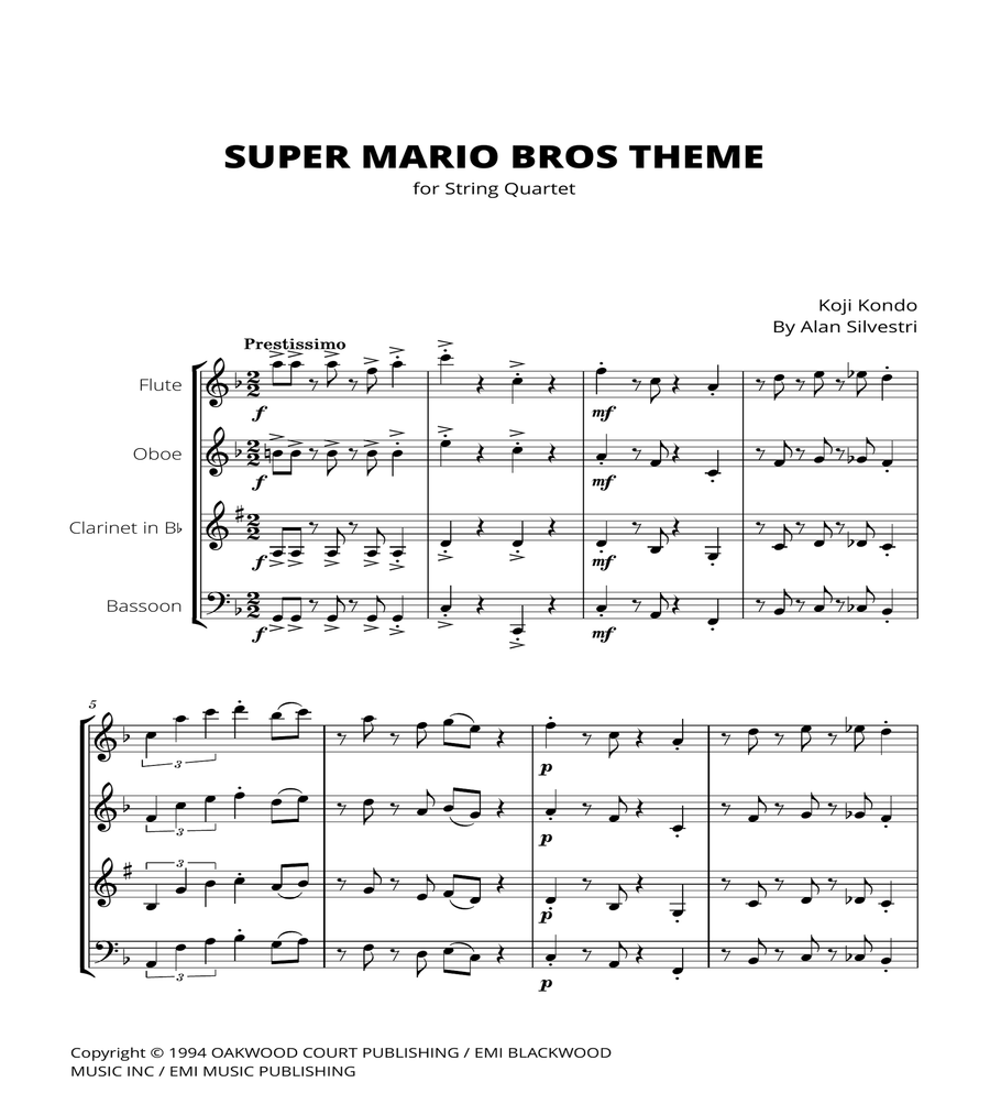 Super Mario Bros Theme Woodwind Quartet scores gallery preview page 1