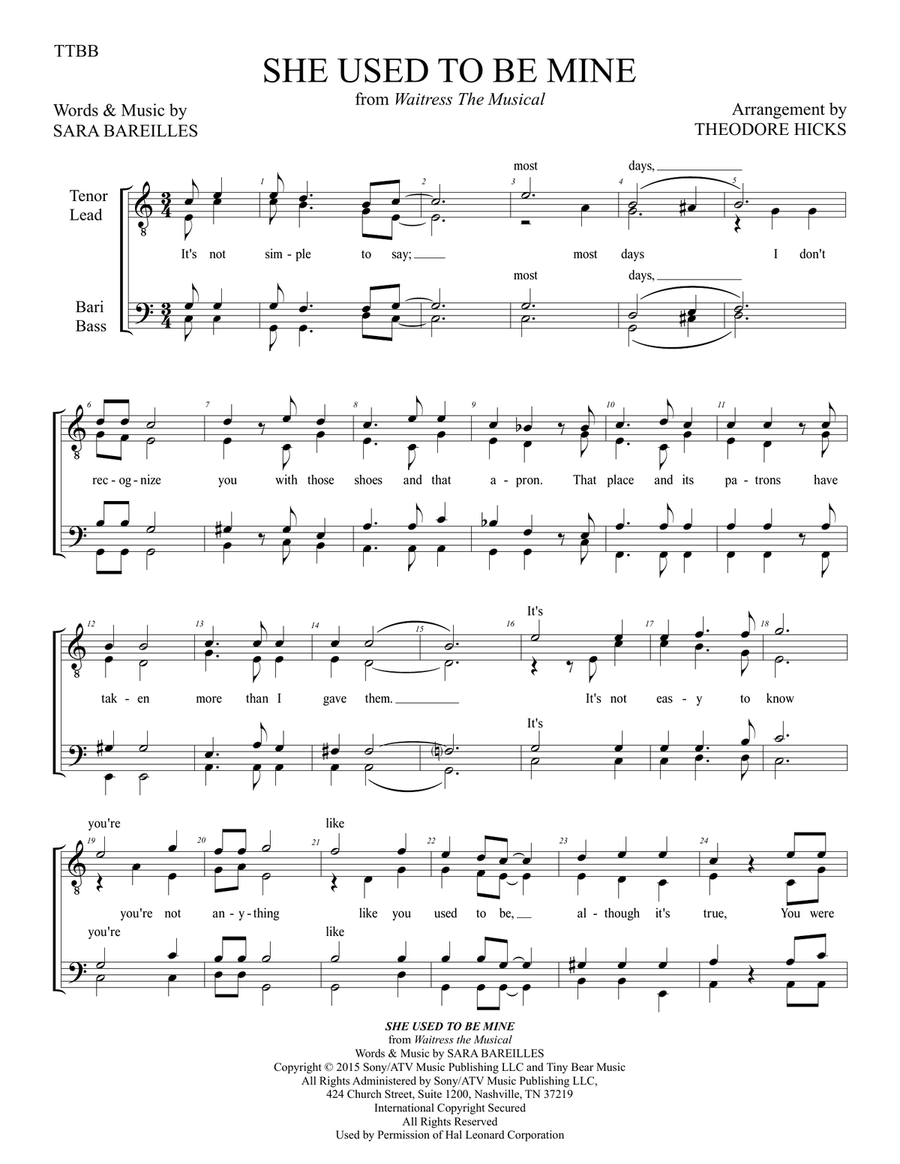 She Used To Be Mine from WAITRESS THE MUSICAL TTBB scores gallery preview page 2