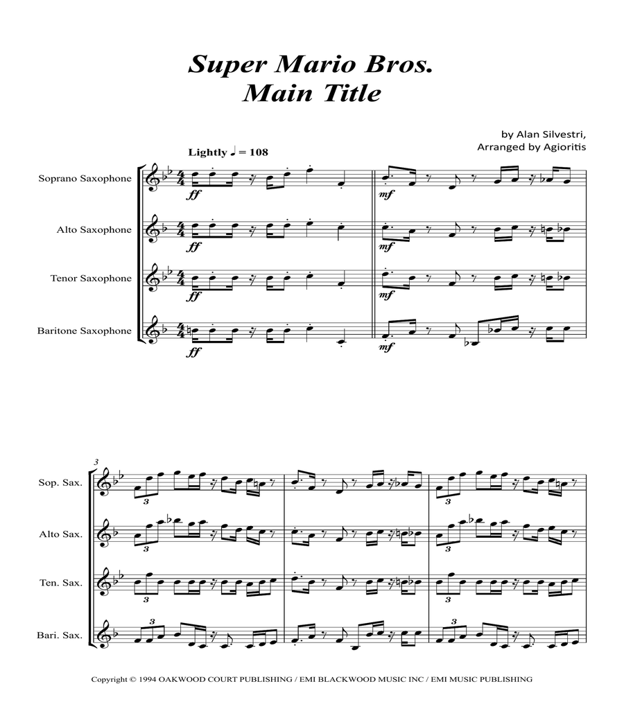 Super Mario Bros Theme Saxophone Quartet scores gallery preview page 2