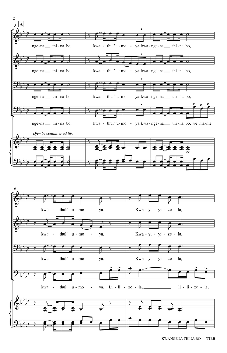 Kwangena Thina Bo (arr. Lhente-Mari Pitout) TTBB scores gallery preview page 2