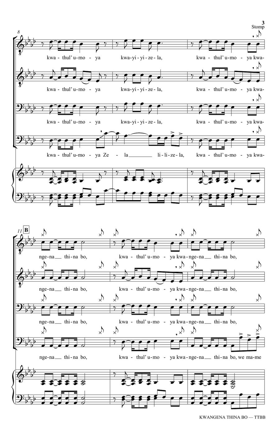 Kwangena Thina Bo (arr. Lhente-Mari Pitout) TTBB scores gallery preview page 3
