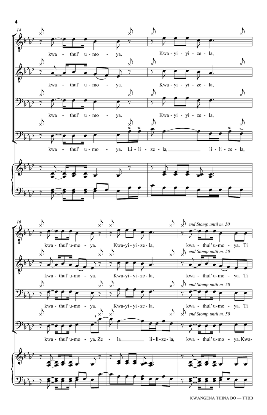 Kwangena Thina Bo (arr. Lhente-Mari Pitout) TTBB scores gallery preview page 4