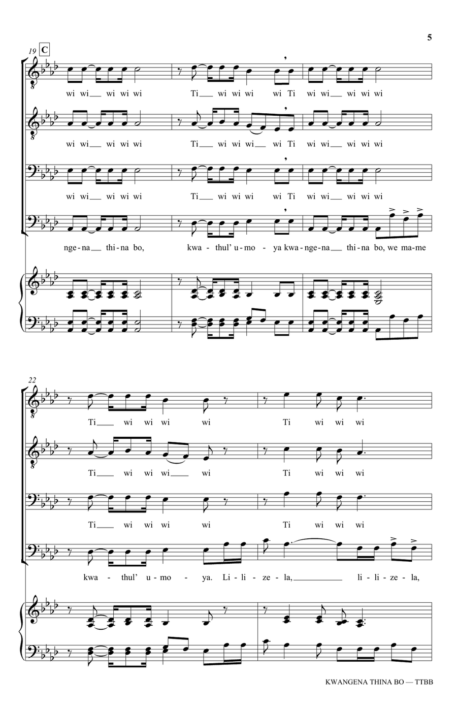 Kwangena Thina Bo (arr. Lhente-Mari Pitout) TTBB scores gallery preview page 5