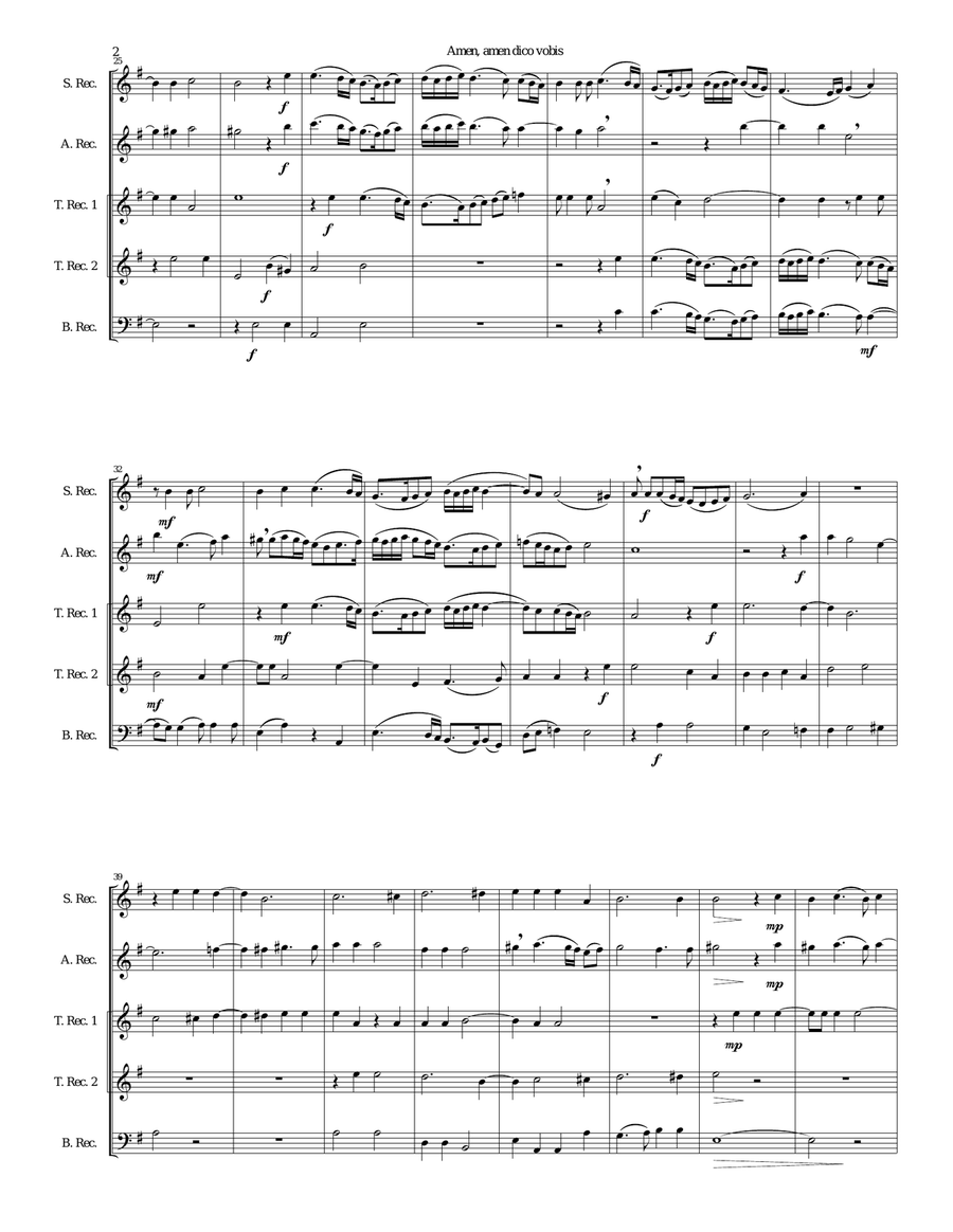 Amen Amen dico vobis (Truly truly I say to you) for recorder quintet Small Ensemble scores gallery preview page 2