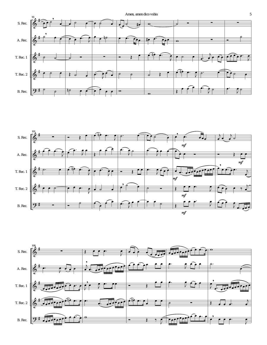 Amen Amen dico vobis (Truly truly I say to you) for recorder quintet Small Ensemble scores gallery preview page 5