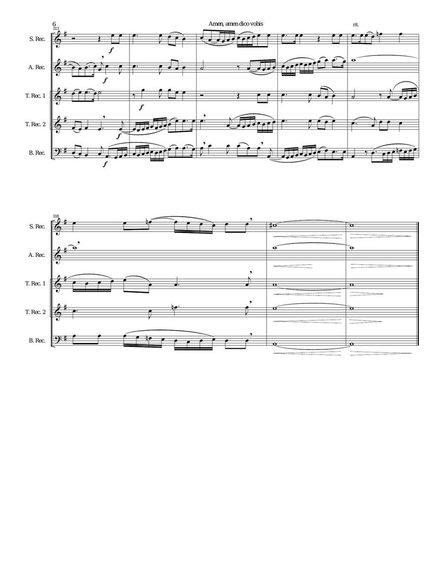 Amen Amen dico vobis (Truly truly I say to you) for recorder quintet Small Ensemble scores gallery preview page 6