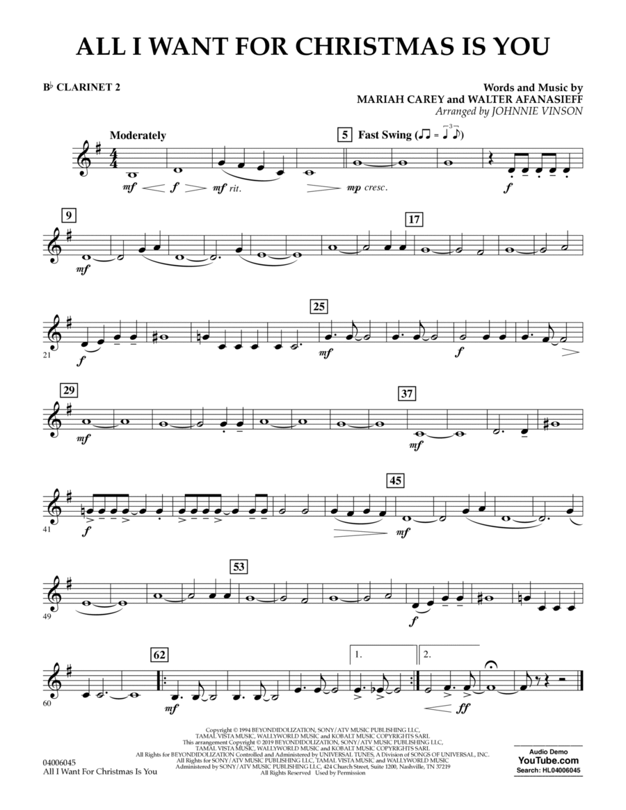 All I Want For Christmas Is You (arr. Johnnie Vinson) - Bb Clarinet 2 Concert Band scores gallery preview page 1
