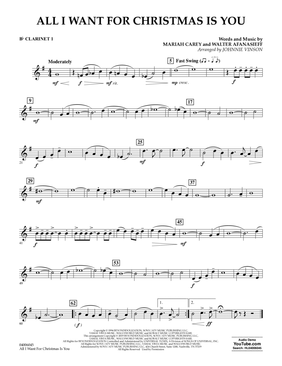 All I Want For Christmas Is You (arr. Johnnie Vinson) - Bb Clarinet 1 Concert Band scores gallery preview page 1