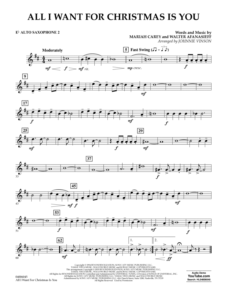 All I Want For Christmas Is You (arr. Johnnie Vinson) - Eb Alto Saxophone 2 Concert Band scores gallery preview page 1