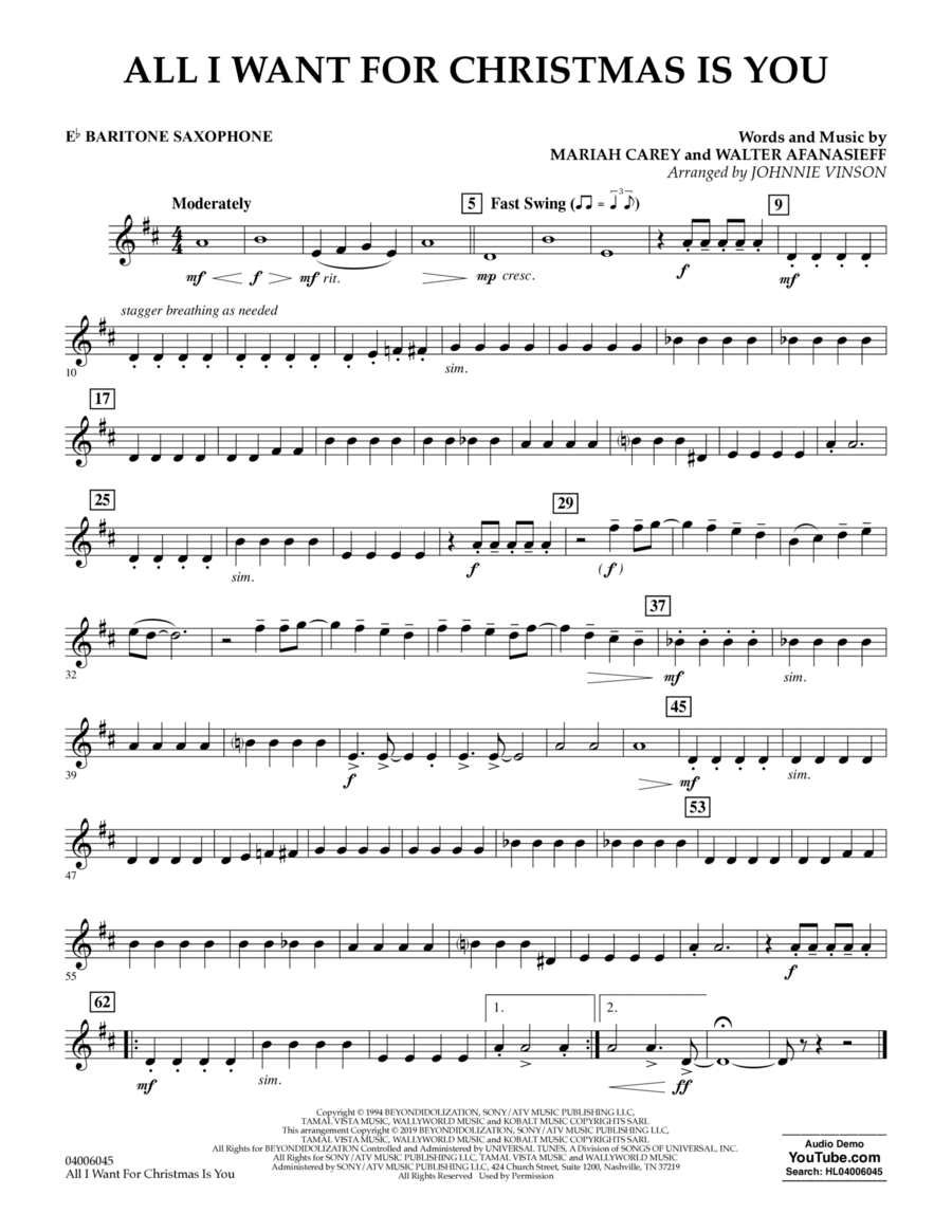 All I Want For Christmas Is You (arr. Johnnie Vinson) - Eb Baritone Saxophone Concert Band scores gallery preview page 1
