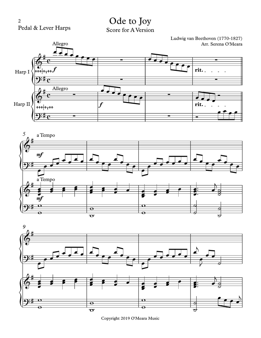 Ode to Joy, Multi-Level Duet for Harps, A Version Score & Parts Pedal Harp scores gallery preview page 2