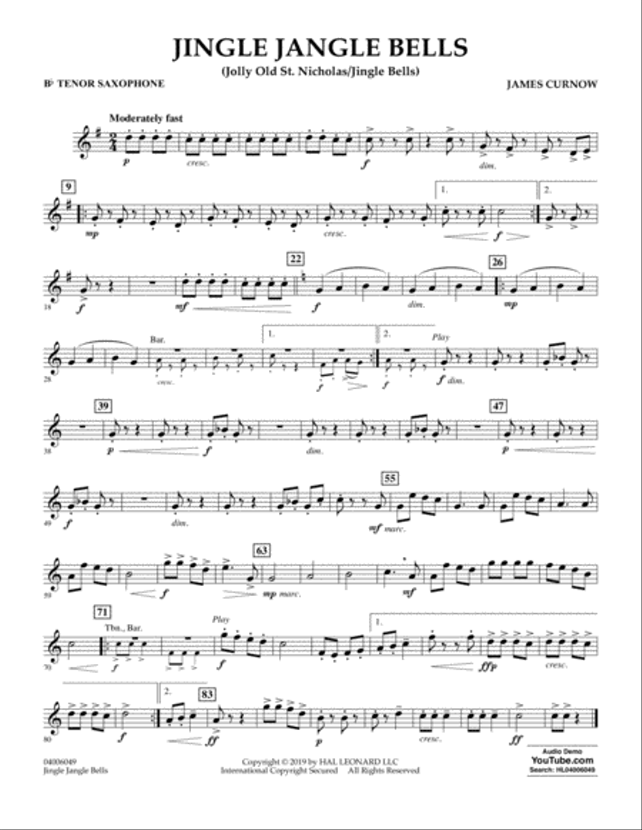 Jingle Jangle Bells (Jolly Old St. Nicholas/Jingle Bells) - Bb Tenor Saxophone Concert Band scores gallery preview page 1
