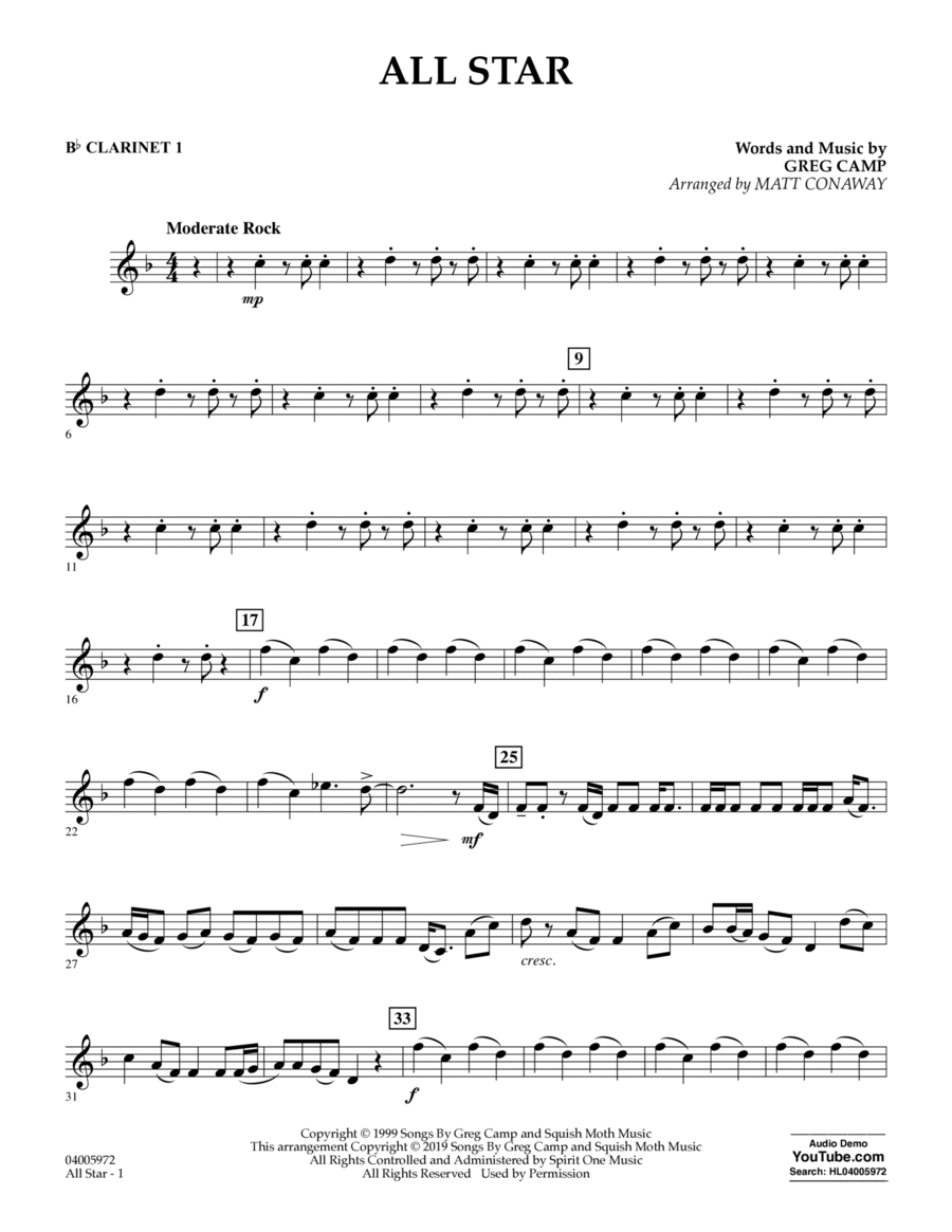 All Star (arr. Matt Conaway) - Bb Clarinet 1 Concert Band scores gallery preview page 1