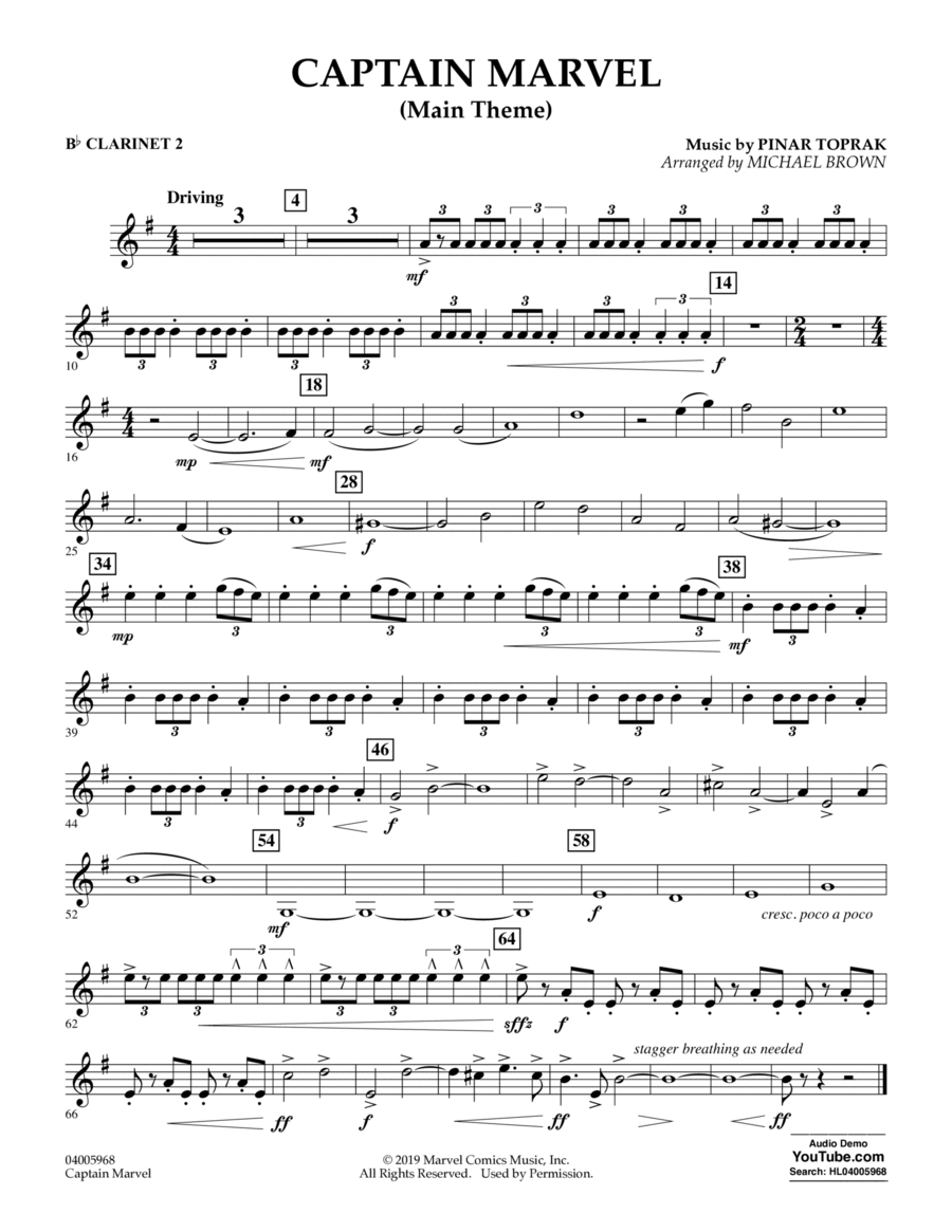 Captain Marvel (Main Theme) (arr. Michael Brown) - Bb Clarinet 2 Concert Band scores gallery preview page 1