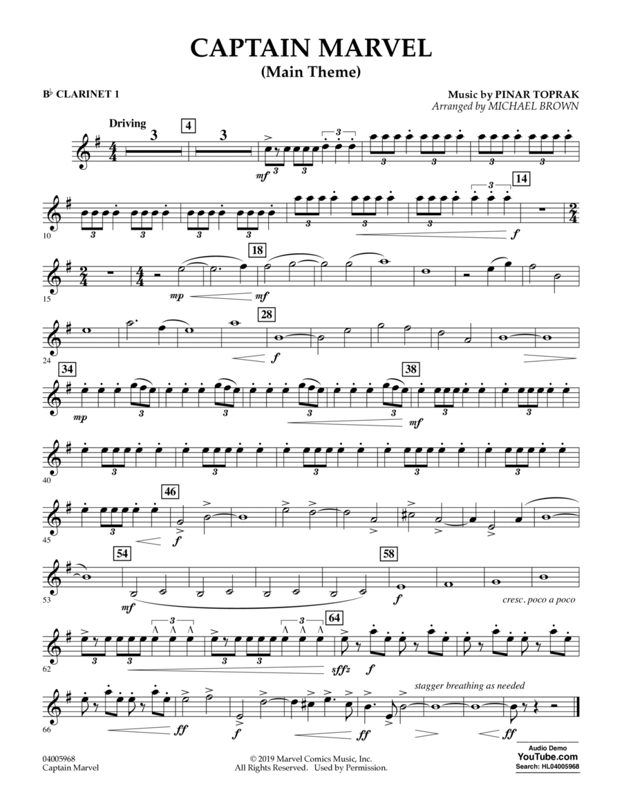 Captain Marvel (Main Theme) (arr. Michael Brown) - Bb Clarinet 1 Concert Band scores gallery preview page 1