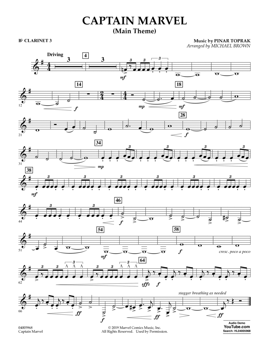 Captain Marvel (Main Theme) (arr. Michael Brown) - Bb Clarinet 3 Concert Band scores gallery preview page 1