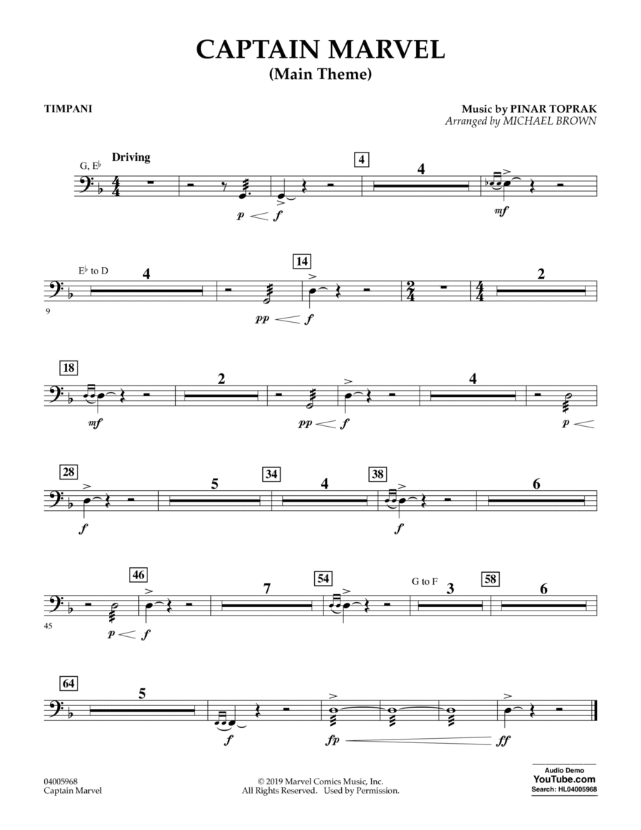 Captain Marvel (Main Theme) (arr. Michael Brown) - Timpani Concert Band scores gallery preview page 1