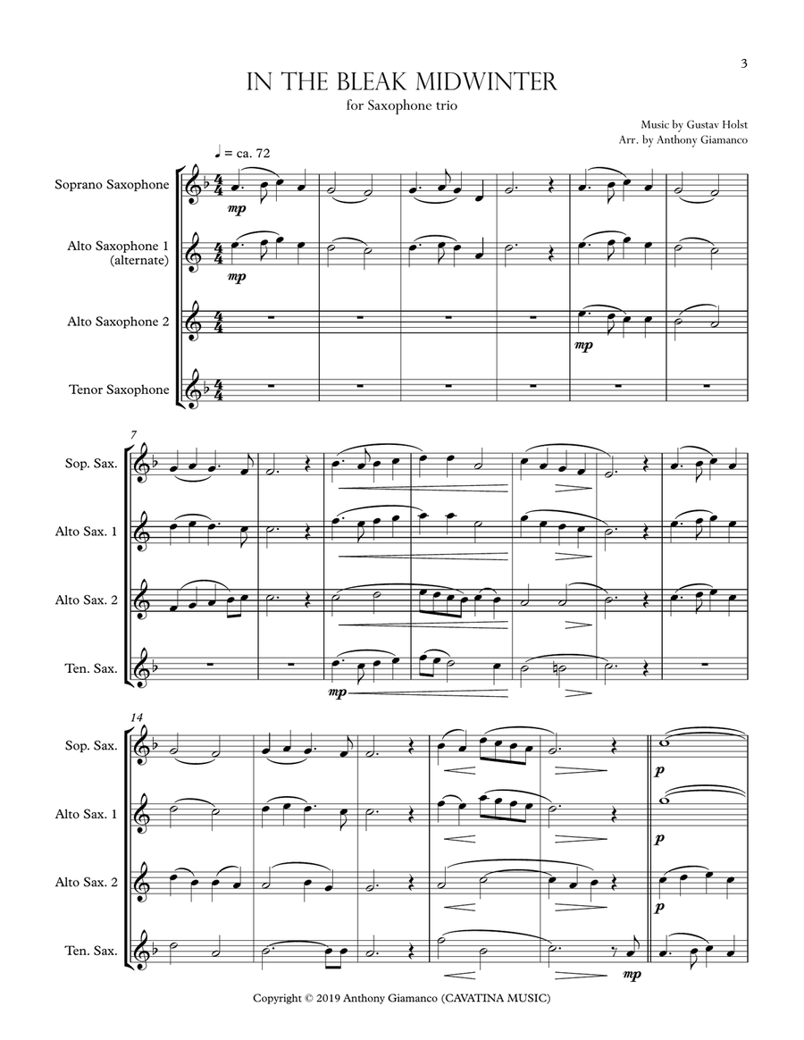 In the Bleak Midwinter (for Saxophone Trio - soprano (alternate alto), alto, tenor) Woodwind Trio scores gallery preview page 3