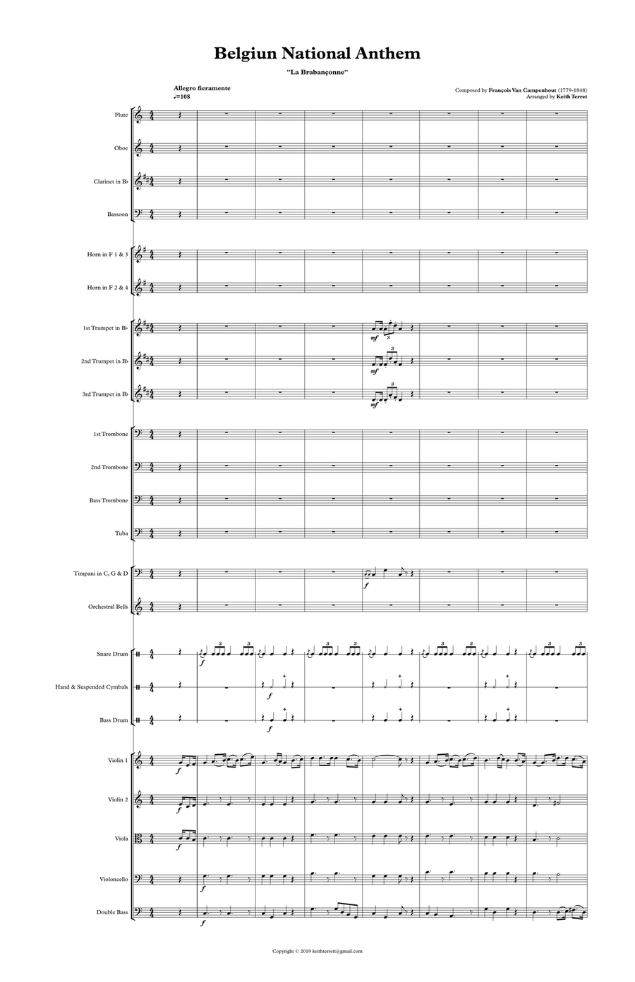 Belgiun National Anthem (La Brabançonne) for Symphony Orchestra (Olympic National Anthem Series) Full Orchestra scores gallery preview page 2