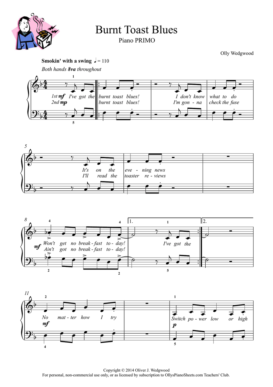 Burnt Toast Blues - Jazz Swing - Piano Duet for 4 hands Easy Piano scores gallery preview page 2