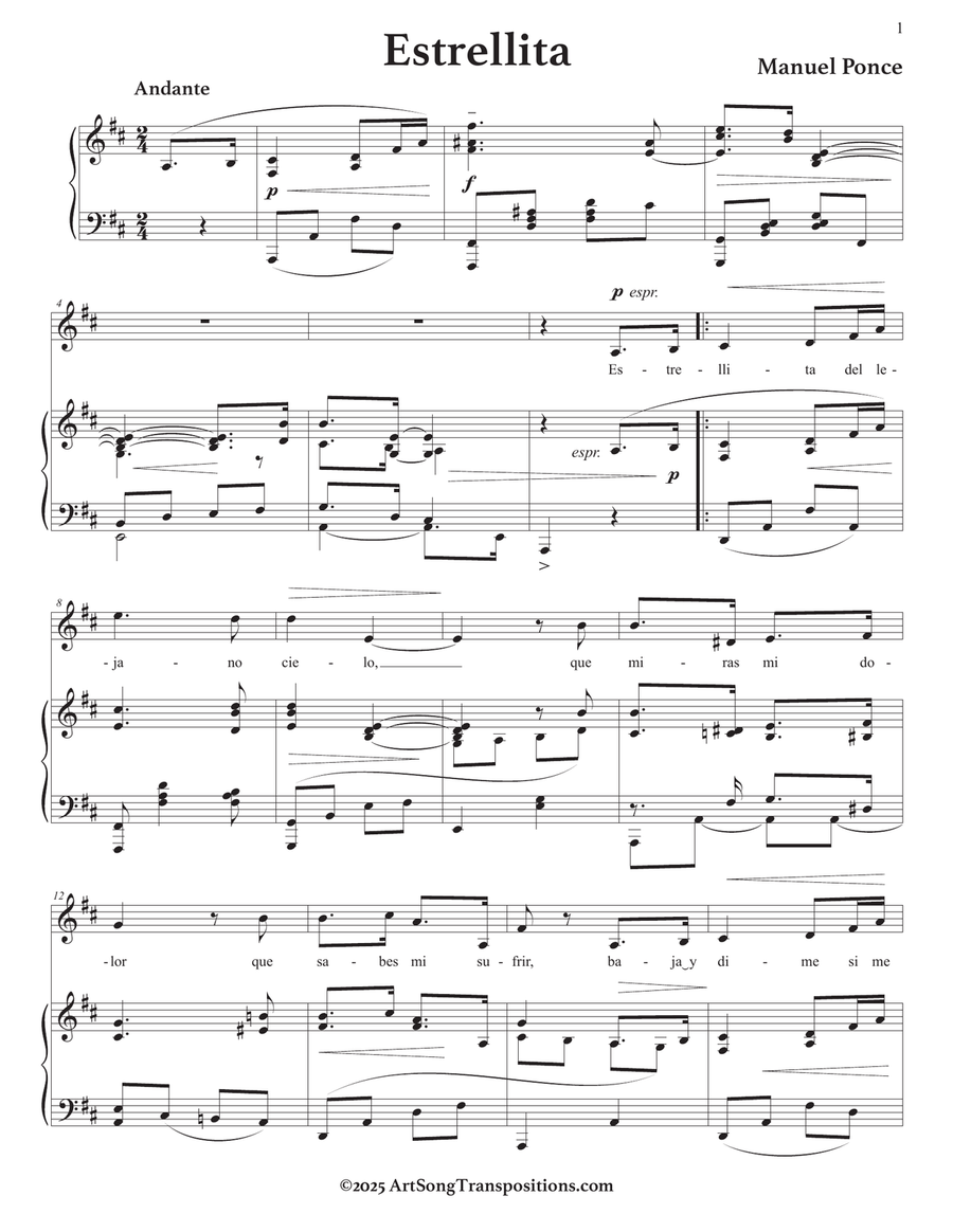 PONCE: Estrellita (transposed to D major) Piano, Vocal scores gallery preview page 2
