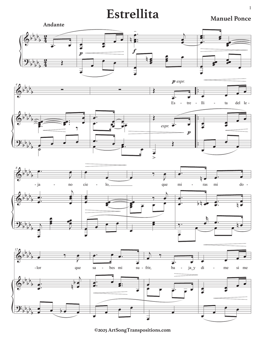 PONCE: Estrellita (transposed to D-flat major) Piano, Vocal scores gallery preview page 2