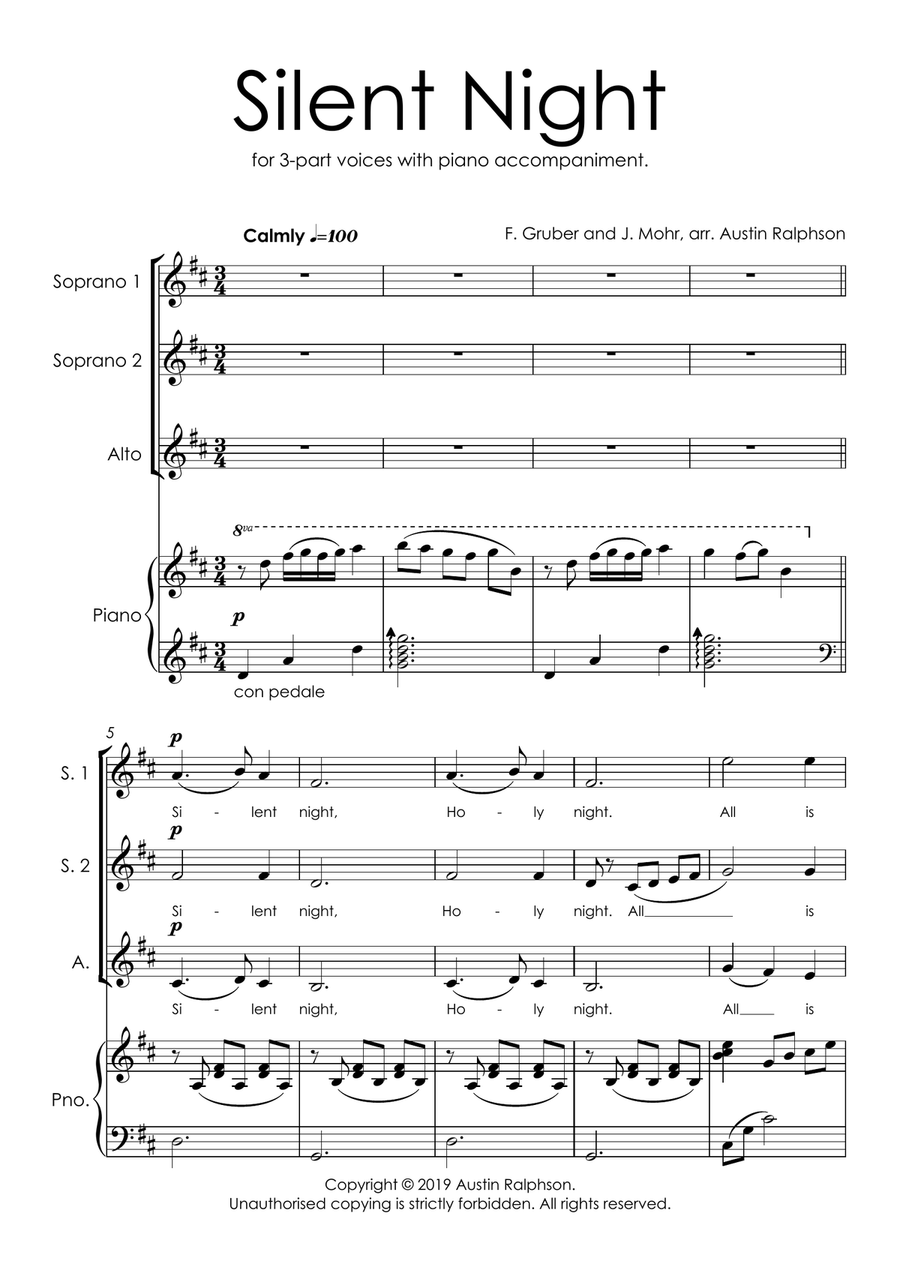 Silent Night - SSA and piano with FREE BACKING TRACK to sing along! SSA scores gallery preview page 3