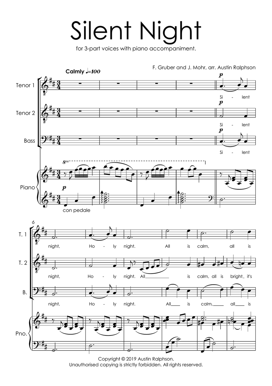 Silent Night - TTB and piano with FREE BACKING TRACK to sing along! TTB scores gallery preview page 3