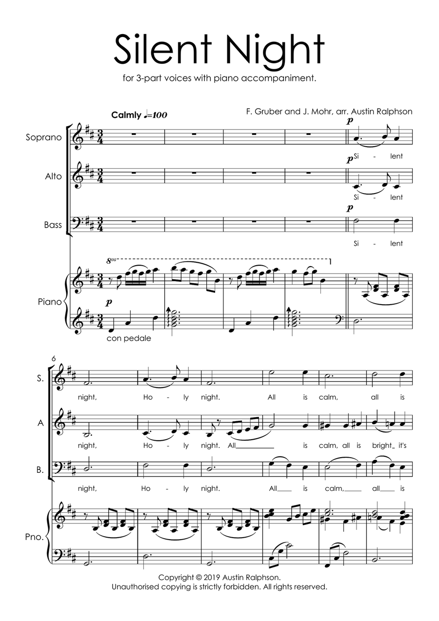 Silent Night - SAB and piano with FREE BACKING TRACK to sing along! 3-Part scores gallery preview page 3