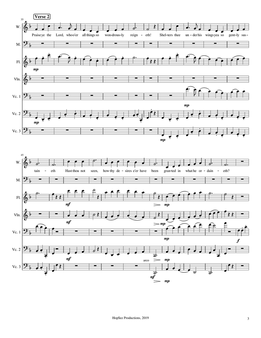 Praise To The Lord The Almighty - congregation, flute, violin, 3 cellos 3-Part scores gallery preview page 3