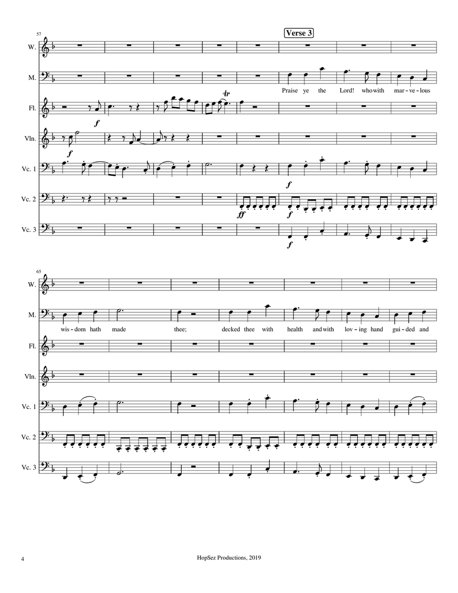 Praise To The Lord The Almighty - congregation, flute, violin, 3 cellos 3-Part scores gallery preview page 4