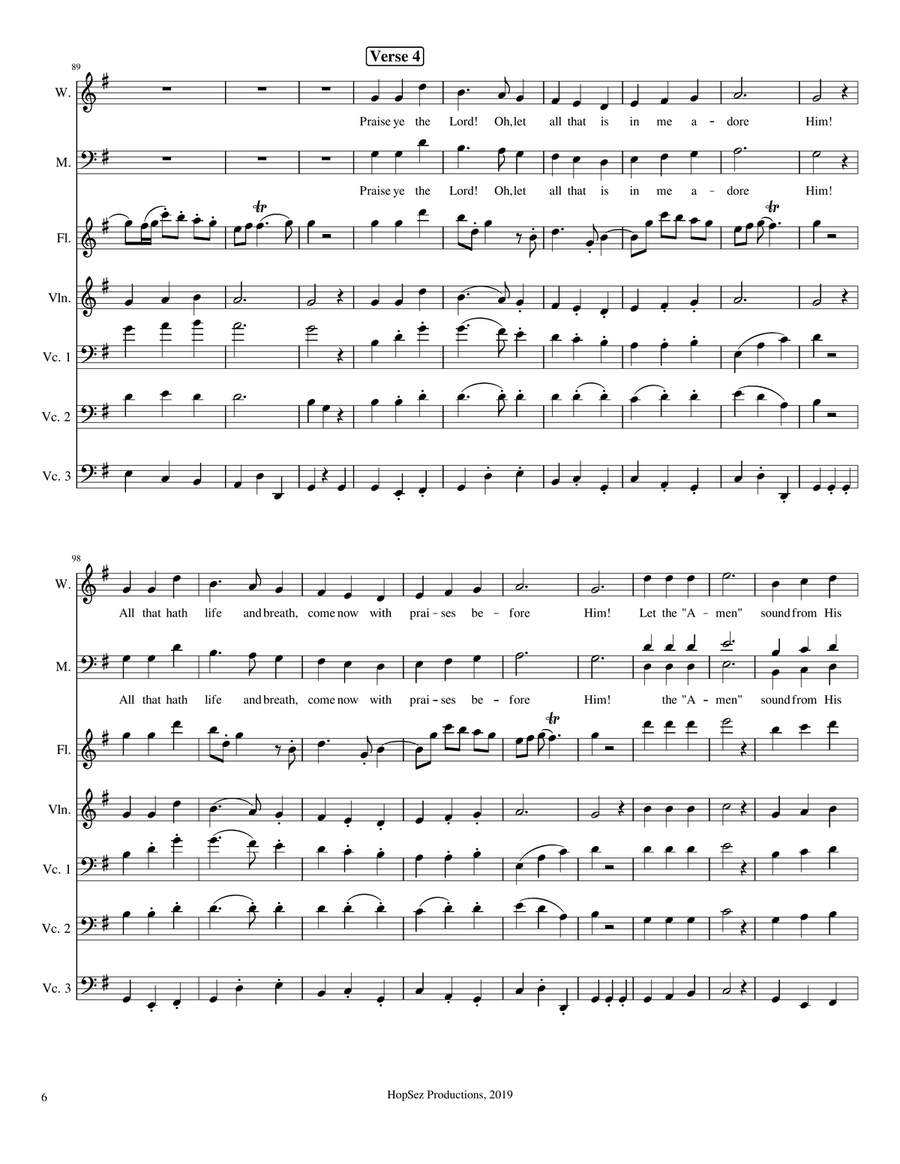Praise To The Lord The Almighty - congregation, flute, violin, 3 cellos 3-Part scores gallery preview page 6