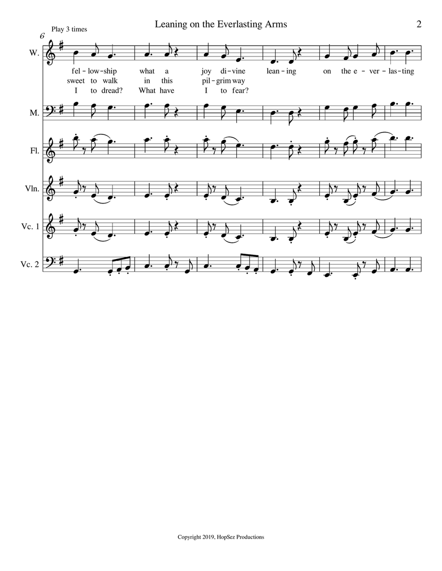 Leaning On The Everlasting Arms - vox, flute, violin, 2 cellos 3-Part scores gallery preview page 2