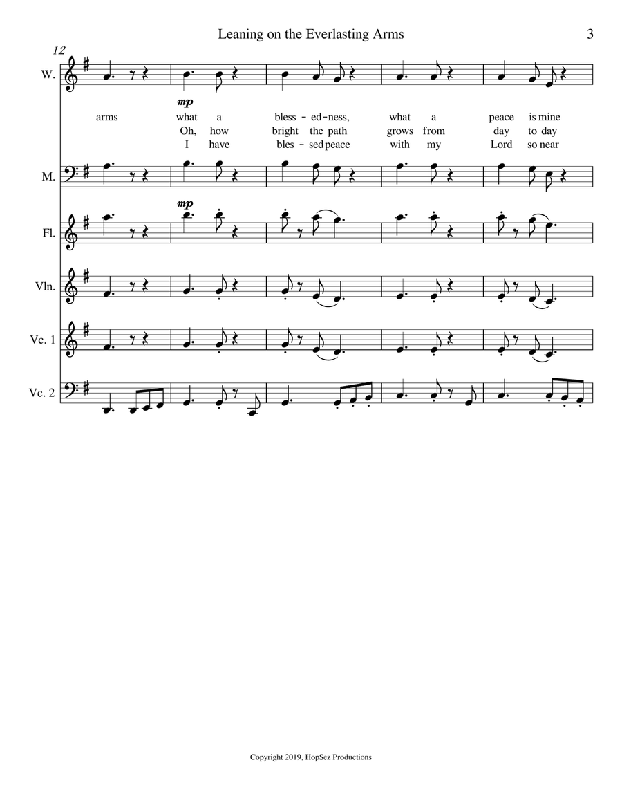 Leaning On The Everlasting Arms - vox, flute, violin, 2 cellos 3-Part scores gallery preview page 3