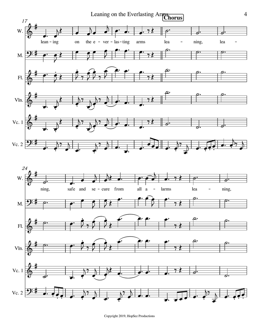 Leaning On The Everlasting Arms - vox, flute, violin, 2 cellos 3-Part scores gallery preview page 4