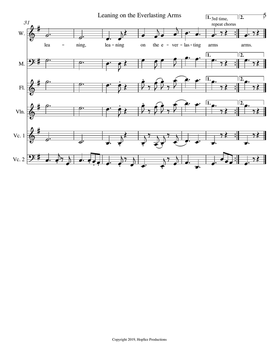 Leaning On The Everlasting Arms - vox, flute, violin, 2 cellos 3-Part scores gallery preview page 5